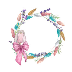 A round frame of dried flowers and lavender decorated with a bow and a bird. Watercolor illustration of botanical plants. French style. A wreath with a place for the text. Suitable for postcards.