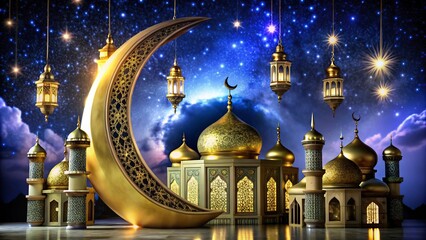 Obraz premium Ramadan Kareem background with mosque and arabic lanterns new background