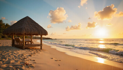 Serene beach hut under golden sunset by gentle waves, island retreat