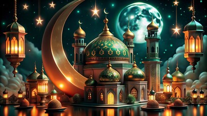 Obraz premium Ramadan Kareem background with mosque and arabic lanterns new background