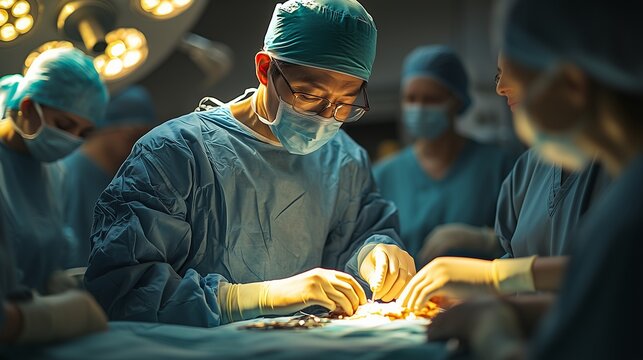 A focused surgeon in blue scrubs performs a delicate operation under bright lights with a medical team