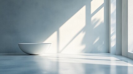 A minimalist white bowl sits on a concrete floor in sunlight