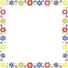 Square frame with colorful flower elements. Trendy graphic template. Cute empty frame box