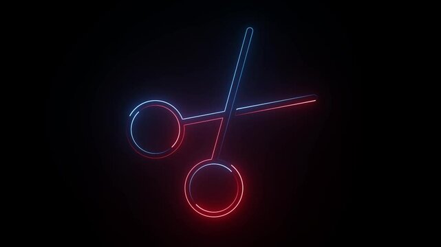 glowing neon scissors signs of symbol animation with black background.