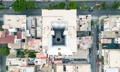 Urban symmetry: Drone capture of a building with a hollow core