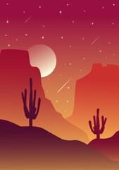 Vector american valley illustration. Rocky Desert morning landscape art. Sunset in Arizona