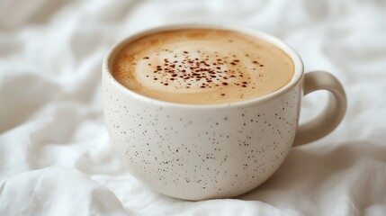 Obraz premium A white mug of coffee rests on white bedding peacefully