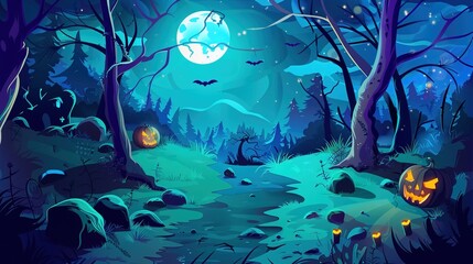 Obraz premium Enchanted Halloween Magic Forest at Night, Spooky Dark Woods with Glowing Pumpkins, Witchy Moonlit Scene, Mystical Background for Party Invitations, Digital Art