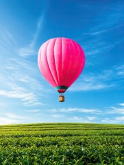Fototapeta premium Pink hot air balloon floats over vibrant green tea plantation under a clear blue sky.