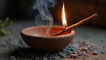 smoldering incense in clay bowl, ash, smoke, zen aroma