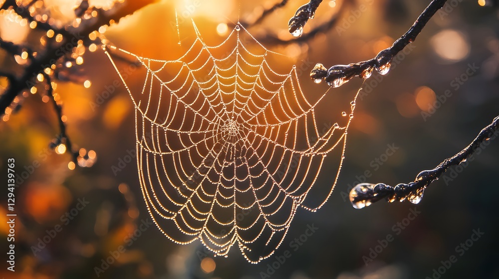 Wall mural dew covered spiderweb at sunrise nature s intricate design autumnal colors