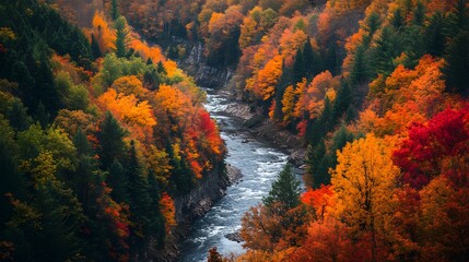Vibrant Autumn River Valley Landscape Scenic Fall Foliage Colorful Trees and Flowing Water