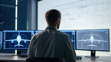 Digital twin technology concept, Engineer analyzing aircraft performance on multiple screens in modern workspace