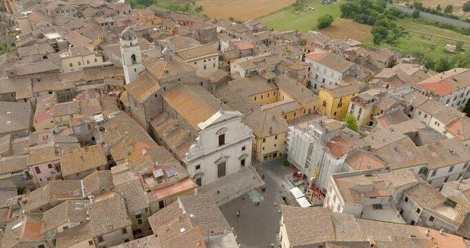 Aerial view of the square and main church of Orte, in the province of Viterbo, Lazio, Italy.