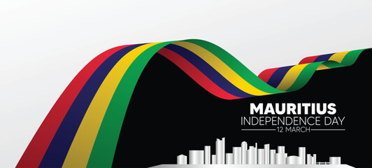 Mauritius flag ribbon with cityscape Independence Day 12 March vector poster