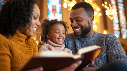 Obraz premium A family reading a book together in a church, sharing a joyful and loving moment in a warm, spiritual setting.