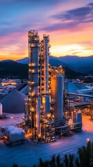 Obraz premium Industrial Complex Illuminated At Night With Mountain Background