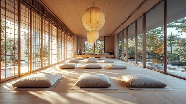 Meditation cushions in serene Japanese room with garden view