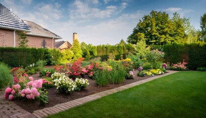 Beautiful garden blooming with colorful flowers and lush green lawn, creating a serene and inviting backyard oasis