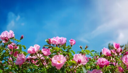 Obraz premium Pink roses blossoming on lush green bush, soft blue sky backdrop with wispy clouds overhead