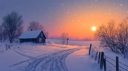 Obraz premium Serene Winter Sunset Snow Covered Cabin Snowy Landscape Rural Scene