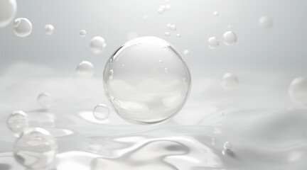 3D illustration of a pure, transparent skincare droplet floating on a silky, hydrated surface. Ideal for beauty, moisture, and cosmetic product concepts.
