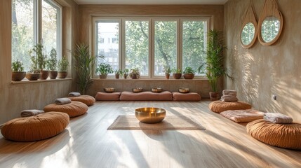 Meditation room setup with cushions, bowls, plants, city view