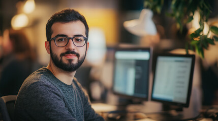 Fototapeta premium Freelancer engaged in e-commerce website redesign in a modern workspace