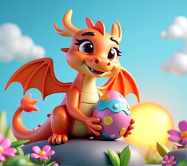 Obraz premium Cute Cartoon Dragon Holding Colorful Egg in Vibrant Landscape