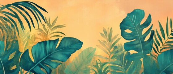 Fototapeta premium Tropical foliage plants background with vibrant green leaves and warm sunset colors for nature, travel, and wellness-themed designs and imagery.