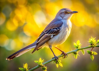 Fototapeta premium Majestic Northern Mockingbird on Branch, Sunlit Feathers, Nature Photography