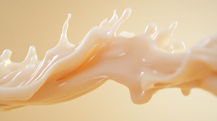 Creamy, fluid texture in motion, a gentle splash of light beige color against a light yellow background, showcasing a smooth and flowing cosmetic.