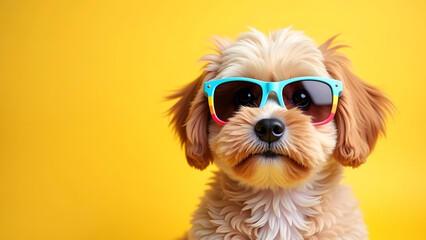 Funny dog wearing flower sunglasses