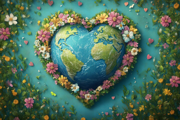 Heart Earth with Floral Border. Heart-shaped Earth surrounded by flowers, perfect for Earth Day or Valentine’s Day designs, emphasizing environmental care and love.