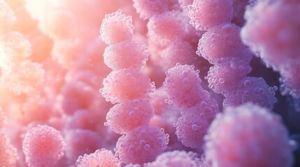 Microscopic cells dividing, sunlight backdrop