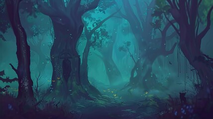 Naklejka premium Enchanted Halloween Magic Forest at Night, Spooky Dark Woods with Glowing Pumpkins, Witchy Moonlit Scene, Mystical Background for Party Invitations, Digital Art
