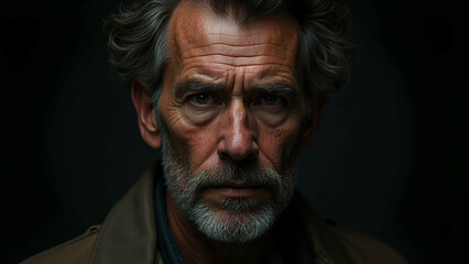 Fototapeta premium pensive man weathered skin dark portrait male sorrow