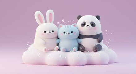 Adorable Panda, Bunny, and Kitten Friends on a Cloud: A 3D Rendered Illustration of Sweet Animal Companionship