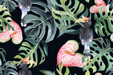 Seamless pattern of monstera, hornbill and anthurium in watercolor.For fabric and wallpaper.Natural tropical botanical Background. © joy8046