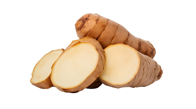 Fresh Galangal Rhizomes Displayed Closely with Natural Texture and Detailed Cut Slices
