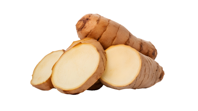 Fresh Galangal Rhizomes Displayed Closely with Natural Texture and Detailed Cut Slices