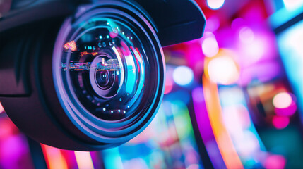 A close-up of a security camera with a glowing red light, set against a vibrant, neon-lit city background.
