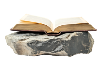 A worn maroon leather-bound book with gold lettering on the spine, open to a random page, isolated on white background