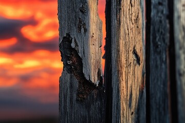 Fototapeta premium Charred wood post against a vibrant sunset backdrop, showcasing texture and contrast.