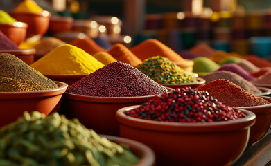 Fototapeta premium A vibrant assortment of spices and herbs in bowls, showcasing different colors and textures in a busy market.