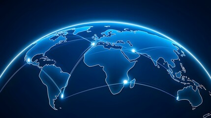 The image shows a glowing blue outline of the Earth with lines connecting various points, representing a global network.