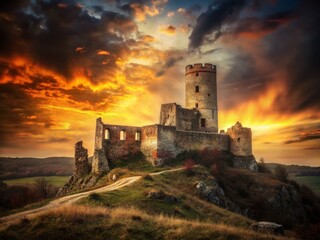 Obraz premium Majestic Ruins of Lukov Castle, Zlin Region, Czech Republic - Historic Stone Walls and Tower