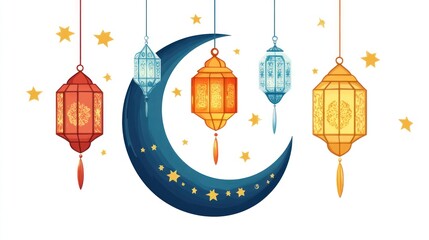 Islamic lanterns hanging from crescent moon, festive illustration for Ramadan