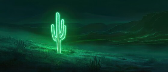 Neon cactus light glowing in desert landscape at night, illuminated sign for bar or restaurant, modern art decor, vibrant colors, nightlife aesthetic.