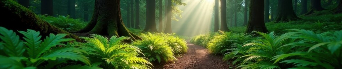 Obraz premium Misty trail winds through lush Pacific Northwest forest, sunlight dappling ferns , scenic, calm